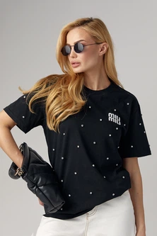 Женская футболка со стразами и вышитой надписью Miu Miu цвет