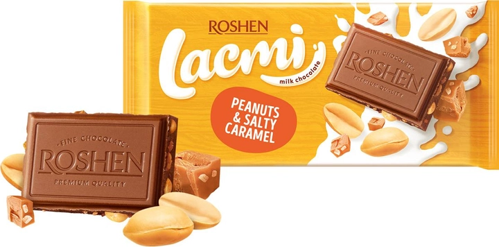 Упаковка шоколада Roshen Lacmi Молочный с арахисом и кусочками соленой карамели 90 г х 24 шт (4823077629310) 