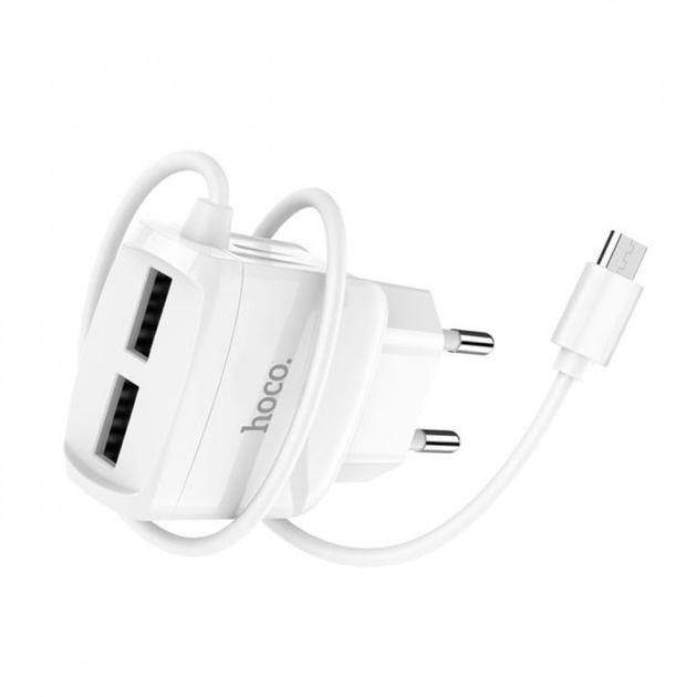 Мережевий зарядний пристрій Hoco C59A Mega Joy + Cable (Micro USB) 2USB white - зображення 2