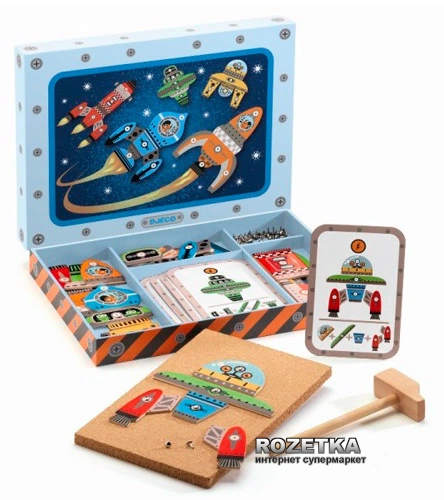 Деревянный набор игра-аппликация с молоточком Космодром Djeco