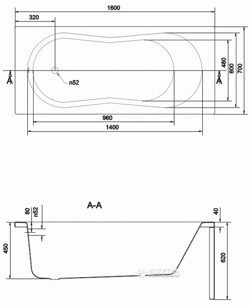 Ванна акрилова CERSANIT MITO 160 (TS301-004) + ніжки S906-001 - зображення 4