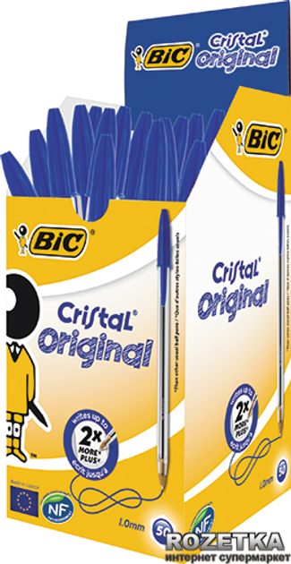 Набор шариковых ручек 50 шт BIC Cristal Синий 0.4 мм Прозрачный корпус .