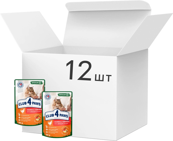 Упаковка влажного корма для взрослых кошек с эффектом выведения шерсти Club 4 Paws (Клуб 4 Лапы) с курицей EPIKUR в соусе 80 г х 12 шт (4820215366007) - изображение 1