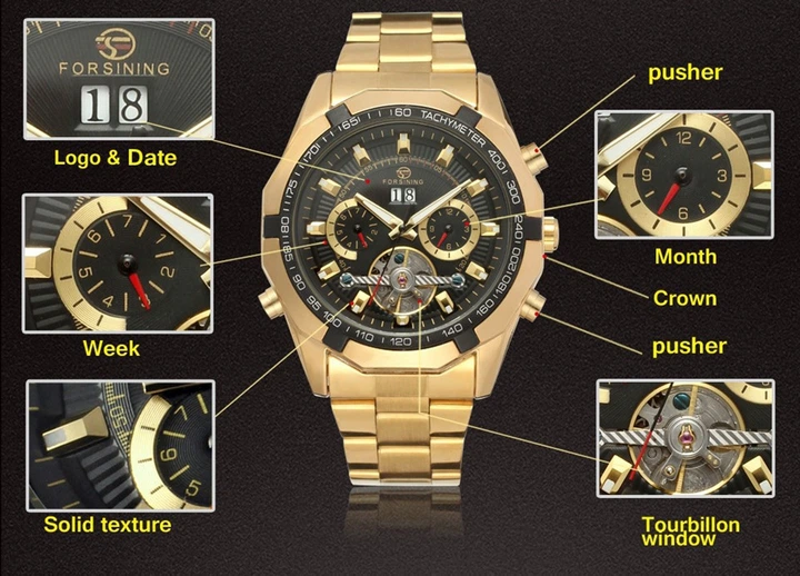 Механічний годинник з автоподзаводом FORSINING TEXAS (gold-black) - зображення 9