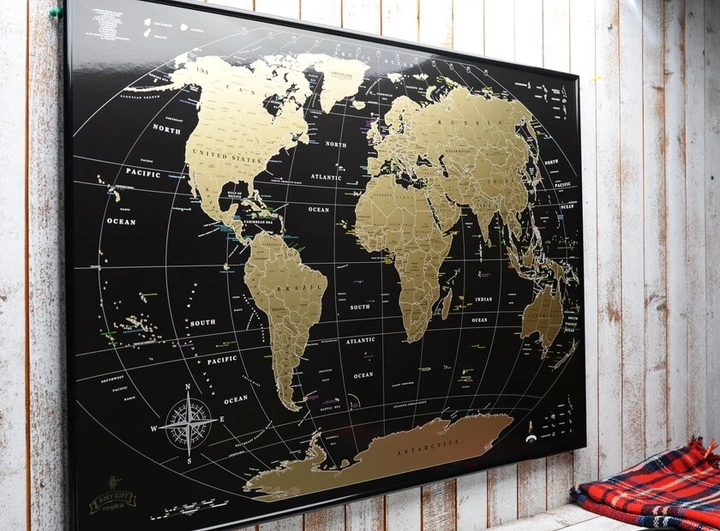 Большая золотая скретч-карта мира для путешествий Travel Mymap Black (черная) в раме 88x63см Metal Black - изображение 7