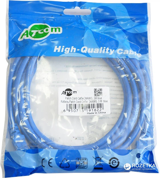 Патч-корд Atcom CAT5e RJ45 UTP 3 м Синий (9162) – низкие цены, кредит ...