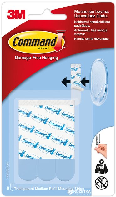 Клейкие полоски для крепления 3M Command средние 0.9 кг 9 шт (17021CLR ...