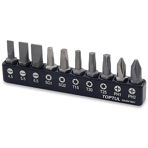 Набір біт 10од. 1/4" (PH, SL, TORX, SQ) GAAV1001 TOPTUL - Фото 1 Набір біт 10од. 1/4" (PH, SL, TORX, SQ) GAAV1001 TOPTUL - зображення 1
