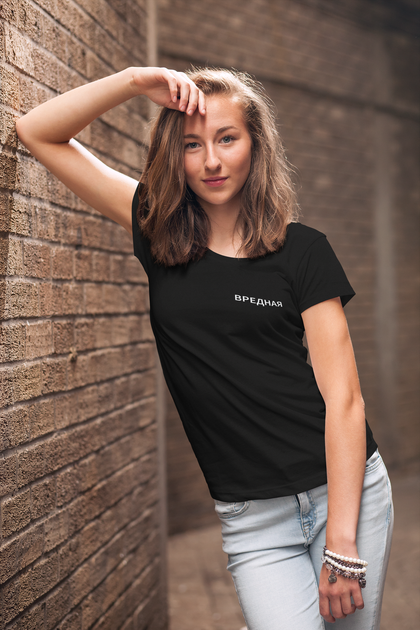 Футболка черная женская JHK T-Shirt с принтом "Вредная" L 9000 (2355) - Фото 2 Футболка черная женская JHK T-Shirt с принтом "Вредная" L 9000 (2355) - изображение 2