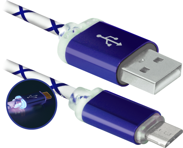 Кабель Defender USB08-03LT USB2.0 LED AM - MicroBM 1 м Блакитний (87555) - Фото 2 Кабель Defender USB08-03LT USB2.0 LED AM - MicroBM 1 м Блакитний (87555) - зображення 2