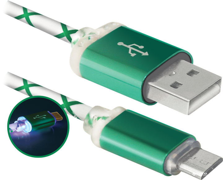 Кабель Defender USB08-03LT USB2.0 LED AM - MicroBM 1 м Зеленый (87557) - Фото 2 Кабель Defender USB08-03LT USB2.0 LED AM - MicroBM 1 м Зеленый (87557) - изображение 2