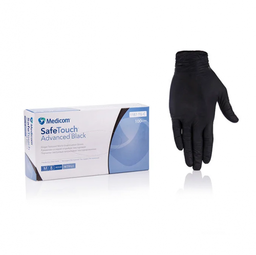 Одноразові рукавички нітрилові Медіком 100 шт в упаковці Розмір L Чорні. Щільнсть 3,3 г. - зображення 1