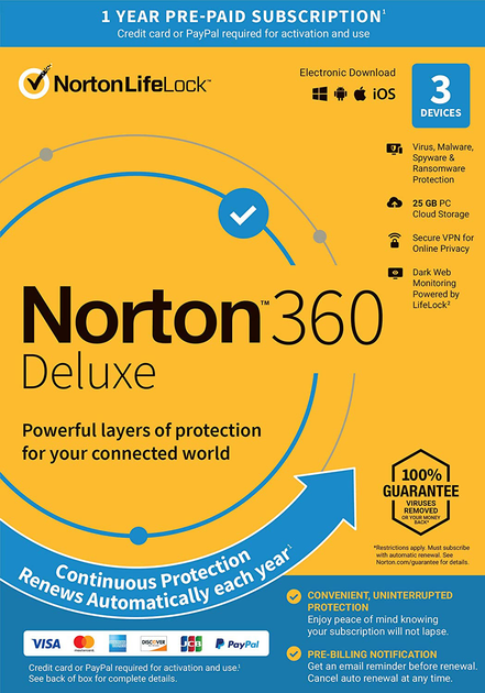 Антивирус Norton 360 Deluxe 25GB для 3 ПК на 1 год ESD-электронный ключ ...