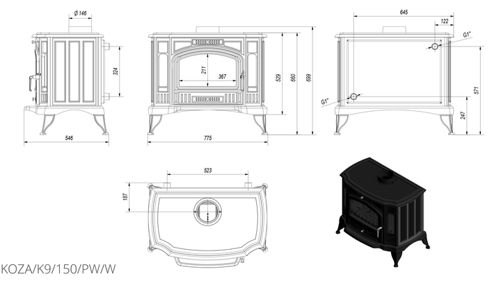 Опалювальна піч Kratki KOZA K9 PW Ø 150 - изображение 4