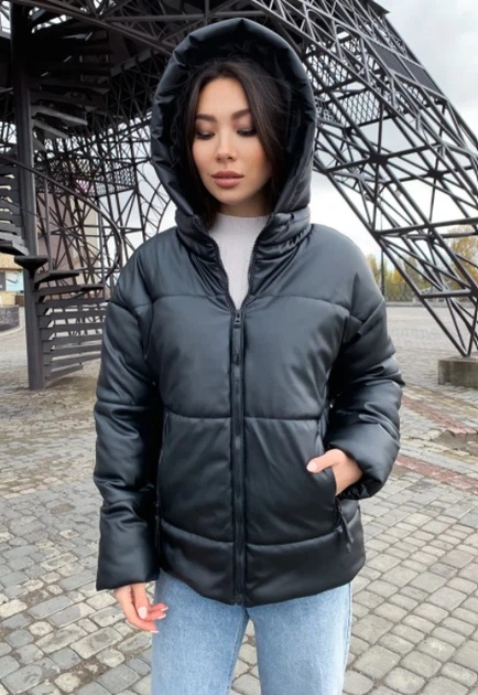 Женская куртка зимняя c капюшоном из эко кожи KML 007 L (46-48) Черный (K 007 B) - изображение 8