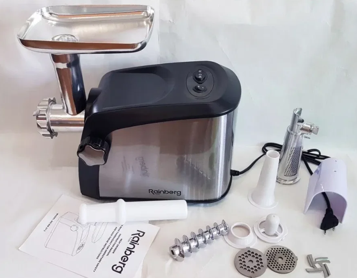 М'ясорубка електрична Rainberg RB-672 3000W з реверсом та соковижималкою, 3 решітки 3/5/7 мм, 2 ножі з нержавіючої сталі, насадки для ковбас, кеббе та тесту, металева шнекова м'ясорубка для дому - зображення 5