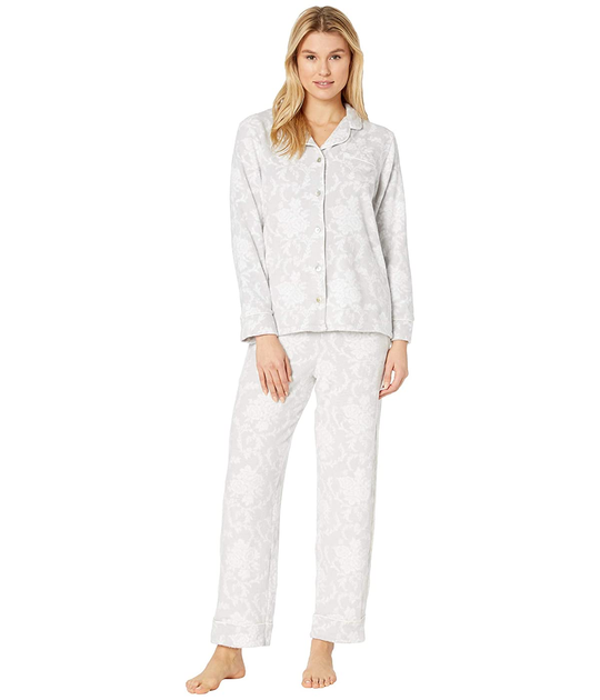 Carole Hochman Cozy Fleece Pajama Set White Grey Damask M