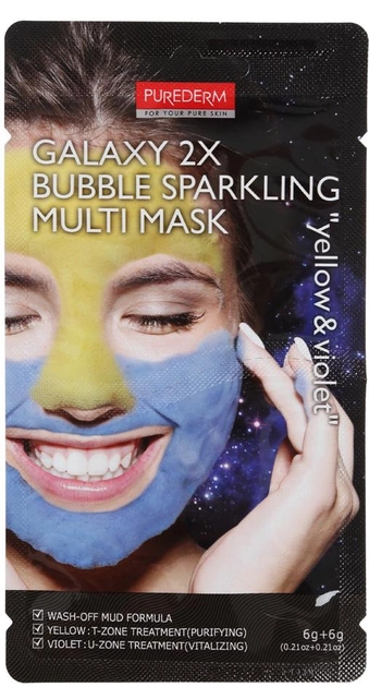 Мультимаска для лица грязевая пенящаяся Purederm Желтая/Синяя Galaxy 2X Bubble Sparkling Multi Mask Yellow&Violet 6 г + 6 г (8809541193309) 