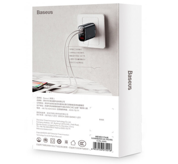 Адаптер мережевий BASEUS Mirror Lake Display 3 USB 3.4 A Black - Фото 8 Адаптер мережевий BASEUS Mirror Lake Display 3 USB 3.4 A Black - зображення 8