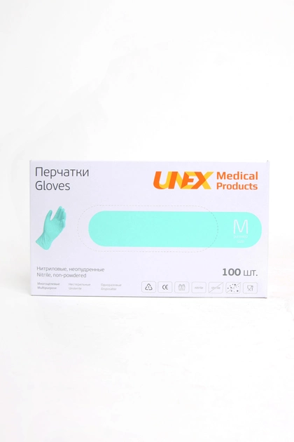 Перчатки UNEX нитриловые бирюзовые, размер M, 100 шт./уп. Unex бирюзовый m (МП2) - изображение 1