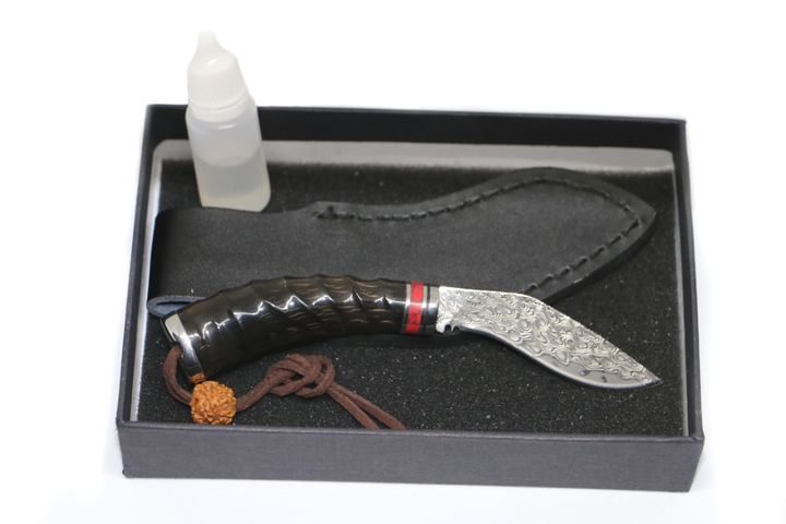Нож ручная работа дамасская сталь натуральный рог сайгака + белая сталь + цветной камень коллекционный Дамаск Кукри + Кожаный чехол - изображение 2