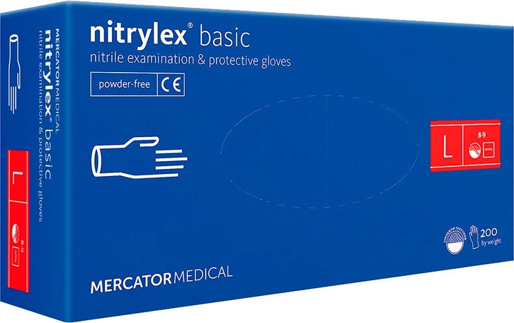 Рукавички нітрилові Mercator Medical Nitrylex Basic Неопудрені діагностичні розмір L 200 шт Сині (3.1003) - зображення 1