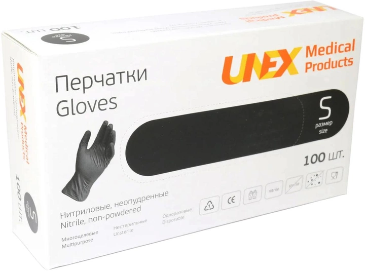 Перчатки нитриловые Unex Medical неопудренные размер S 100 шт - 50 пар Черные (4.1000) - изображение 1
