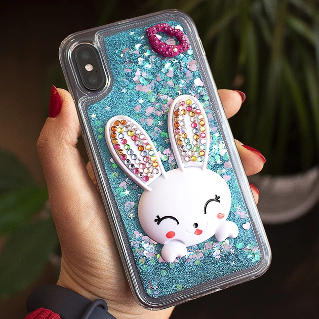 Чехол Glitter для Iphone XS Max бампер жидкий блеск Заяц Синий - Фото 1 Чехол Glitter для Iphone XS Max бампер жидкий блеск Заяц Синий - изображение 1