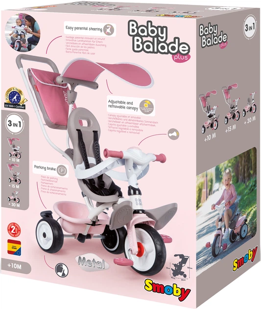 Rower dziecięcy Smoby Toys metalowy z daszkiem, bagażnikiem i torbą Różowo-szary 66x49x100 cm (7600741401) - obraz 9