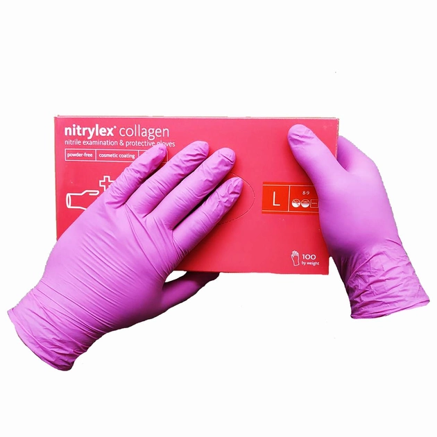 Рукавички нітрилові Mercator Medical Nitrylex Collagen L нестерильні неопудрені 50 пар/уп Рожеві - зображення 1