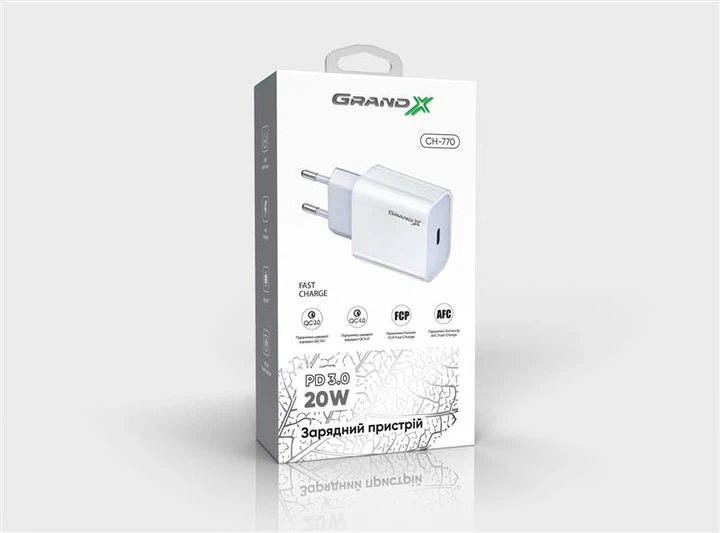 Сетевое зарядное устройство Grand-X (1xUSB-C 20W) QC4.0, PD 3.0, FCP, AFC White (CH-770) - Фото 5 Сетевое зарядное устройство Grand-X (1xUSB-C 20W) QC4.0, PD 3.0, FCP, AFC White (CH-770) - изображение 5