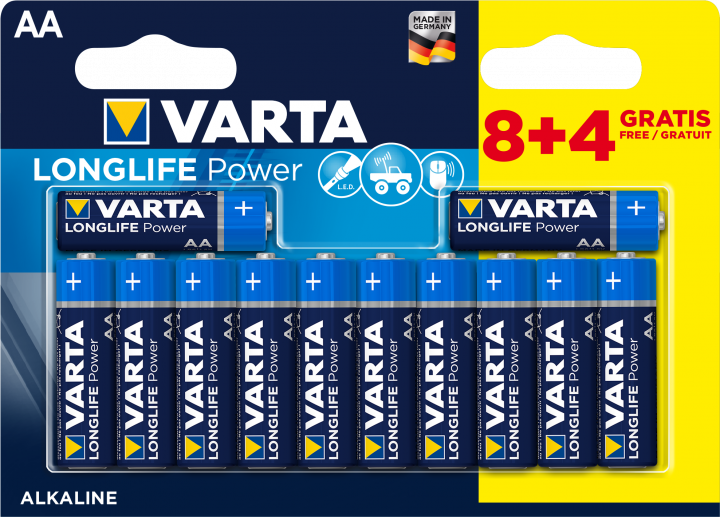 Батарейка Varta Longlife Power AA BLI 12 (8 + 4) Alkaline - Фото 1 Батарейка Varta Longlife Power AA BLI 12 (8 + 4) Alkaline - зображення 1
