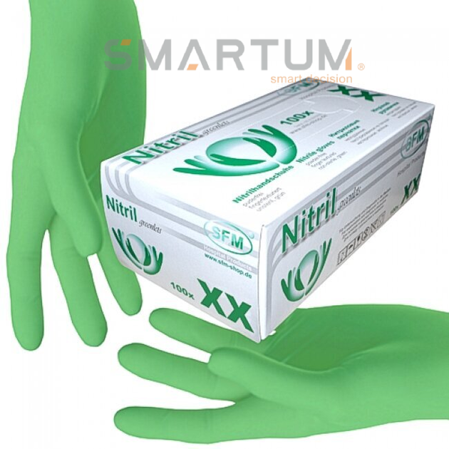 Перчатки нитриловые одноразовые нестерильные без пудры SFM 3.8 г размер M 100 шт - 50 пар Зеленые - изображение 1
