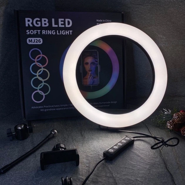 Кольцевая светодиодная цветная лампа RGB LED MJ26 Набор блогера селфи кольцо со штативом 2.1 метр и пульт переключения (333) - Фото 6 Кольцевая светодиодная цветная лампа RGB LED MJ26 Набор блогера селфи кольцо со штативом 2.1 метр и пульт переключения (333) - изображение 6