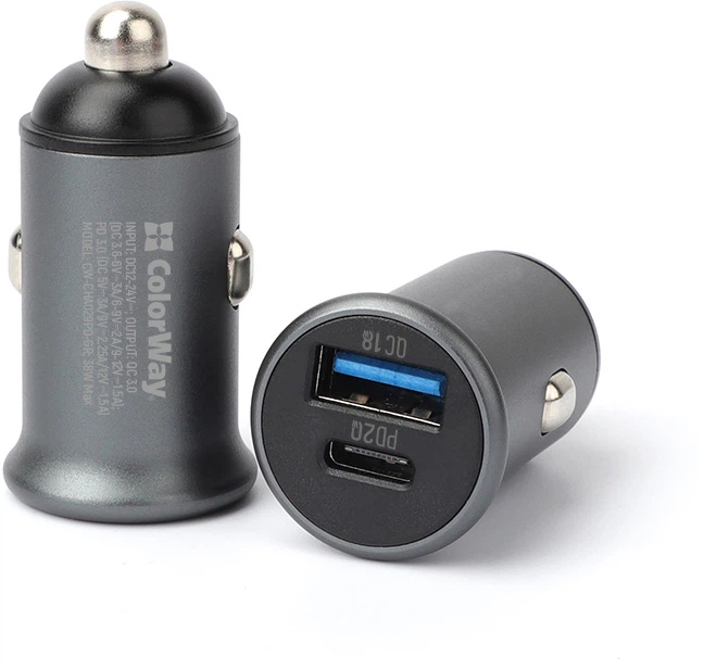 Автомобильное зарядное устройство ColorWay 2USB Type-C PD20W + USB QC3.0 ) (38W) Grey (CW-CHA029PD-GR) - изображение 3