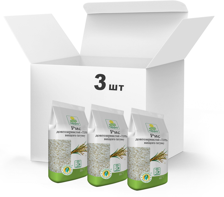Упаковка Рис длиннозернистый Терра Высшего сорта 3 x 0.9 кг (4820015739186) - изображение 1
