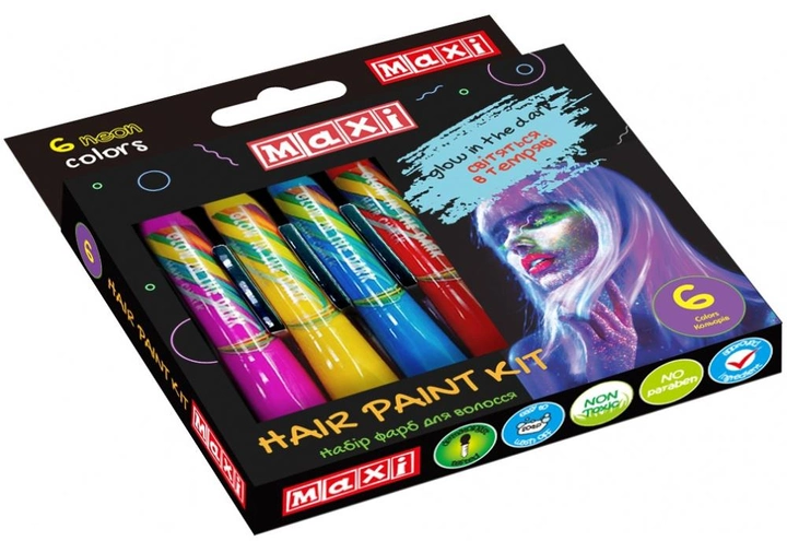 Набір фарб для волосся Maxi у формі олівця 6 кольорів світяться в темряві (MX60192) - зображення 1