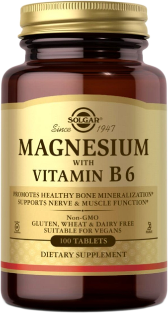 Магній Solgar з Вітаміном B6, Magnesium with Vitamin B6, 100 таблеток ...