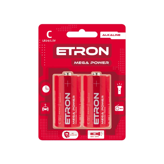 Батарейки алкалиновые ETRON Mega Power C LR14 2 шт в упаковке - Фото 1 Батарейки алкалиновые ETRON Mega Power C LR14 2 шт в упаковке - изображение 1