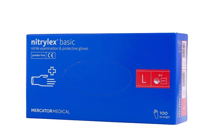 Перчатки нитриловые MERCATOR MEDICAL Nitrylex Basic неопудренные синие размер L (100 шт) - изображение 1
