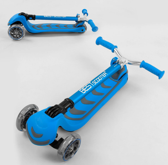 Самокат трехколесный Best Scooter складной алюминиевый руль, 4 колеса PU со светом Blue (102319) - изображение 5