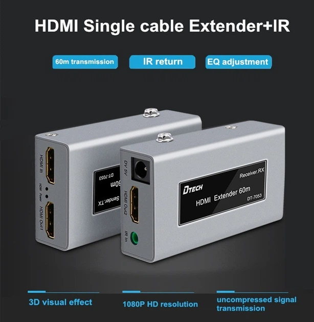 Комплект Extender удлинитель hdmi сигнала с IR до 60м по UTP/FTP кабелю Dtech HDMI DT-7053 - изображение 4
