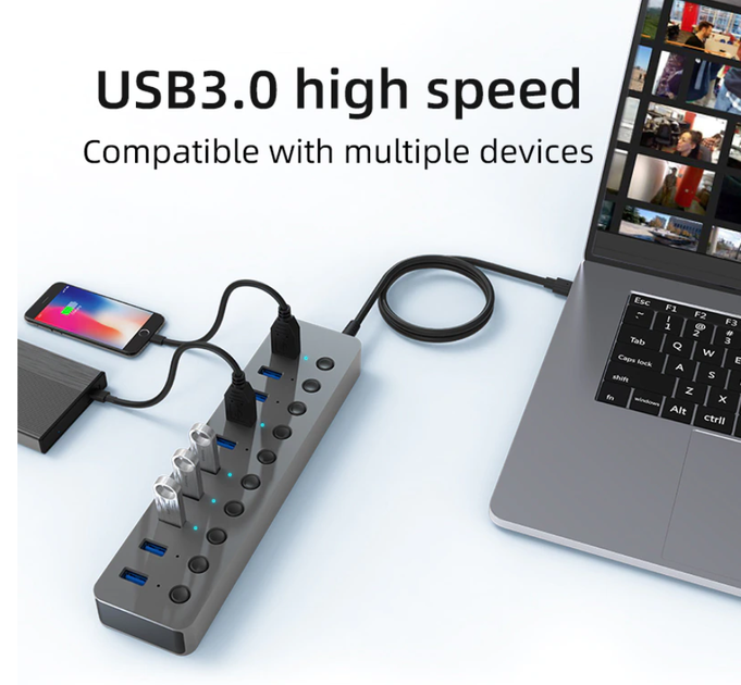 USB хаб Blueendless BS-HU101 USB 3.0 10 портів алюмінієвий з блоком живлення hub концентратор - зображення 5
