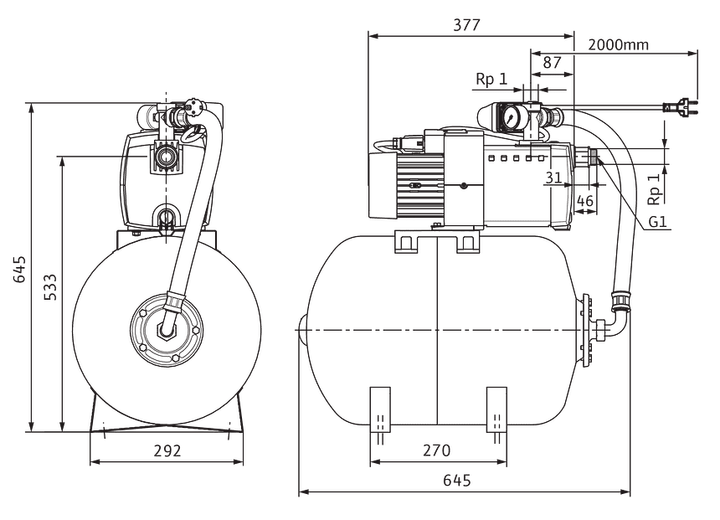 Самовсасывающая бытовая насосная станция с баком 50 л WILO HiMulti3H50/2-24P (2549339) - изображение 3