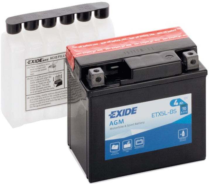 Мото аккумулятор Exide AGM 4 Ah Ев (-/+) 70EN (ETX5L-BS) - изображение 1