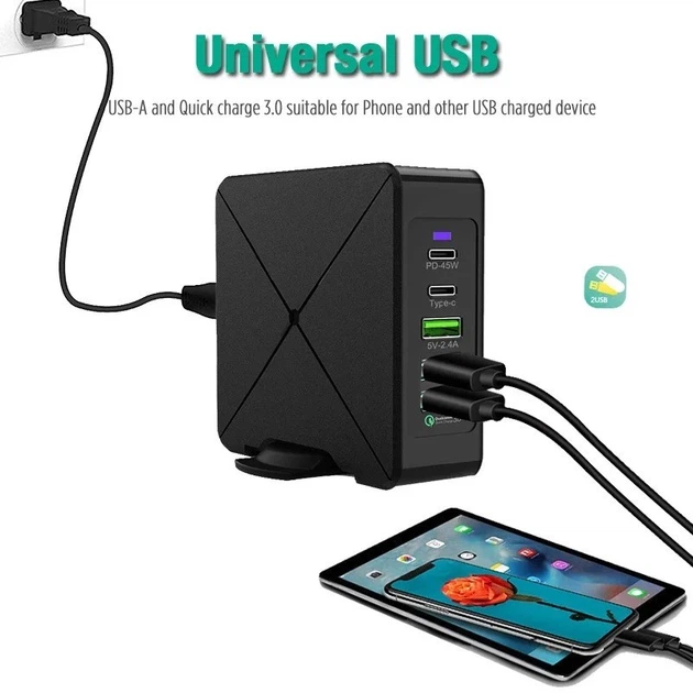 Зарядний пристрій/станція Epik 5в1 Quick Charge 3.0 USB-C 60W для Macbook/iPhone/iPad/Android - Фото 2 Зарядний пристрій/станція Epik 5в1 Quick Charge 3.0 USB-C 60W для Macbook/iPhone/iPad/Android - зображення 2