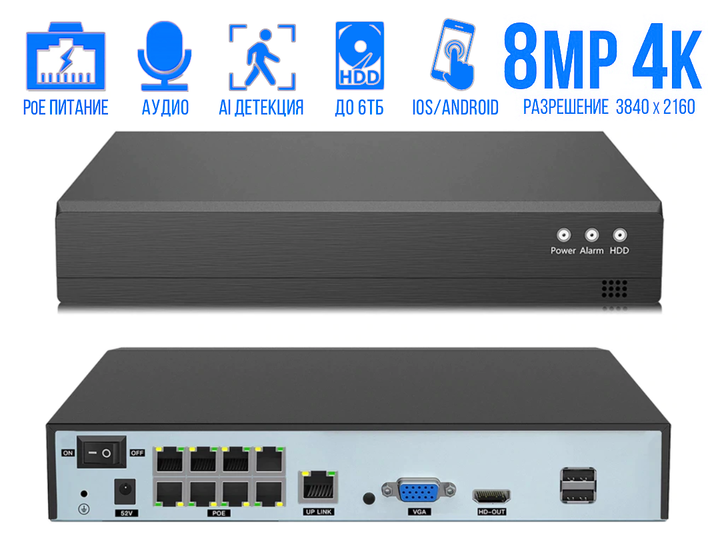 8Мп (4K) 8-портовий PoE IP Відеореєстратор NVR Usafeqlo P2P Xmeye app US4K9CHPOE8 - Фото 1 8Мп (4K) 8-портовий PoE IP Відеореєстратор NVR Usafeqlo P2P Xmeye app US4K9CHPOE8 - зображення 1