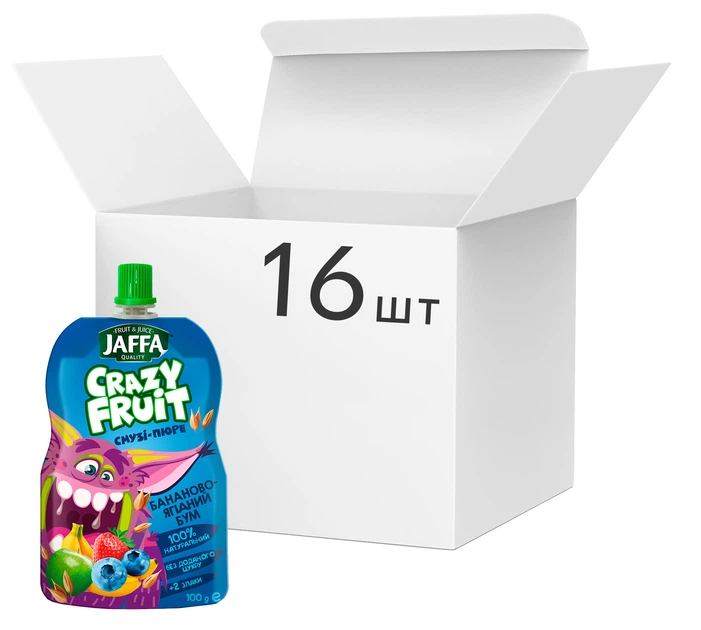 Упаковка смузі Jaffa Crazy Fruit Фруктовий десерт Смузі-пюре з бананів, яблук, чорниці та суниці перетертих зі злаками бананово-ягідний бум 100 г х 16 шт. (4820192262019_4820192261982) - Фото 1 Упаковка смузі Jaffa Crazy Fruit Фруктовий десерт Смузі-пюре з бананів, яблук, чорниці та суниці перетертих зі злаками бананово-ягідний бум 100 г х 16 шт. (4820192262019_4820192261982) - зображення 1