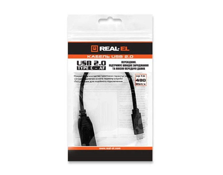 Кабель REAL-EL USB Type-C - USB V 2.0 (M/F), 0.1 м, чорний (EL123500017) - Фото 2 Кабель REAL-EL USB Type-C - USB V 2.0 (M/F), 0.1 м, чорний (EL123500017) - зображення 2