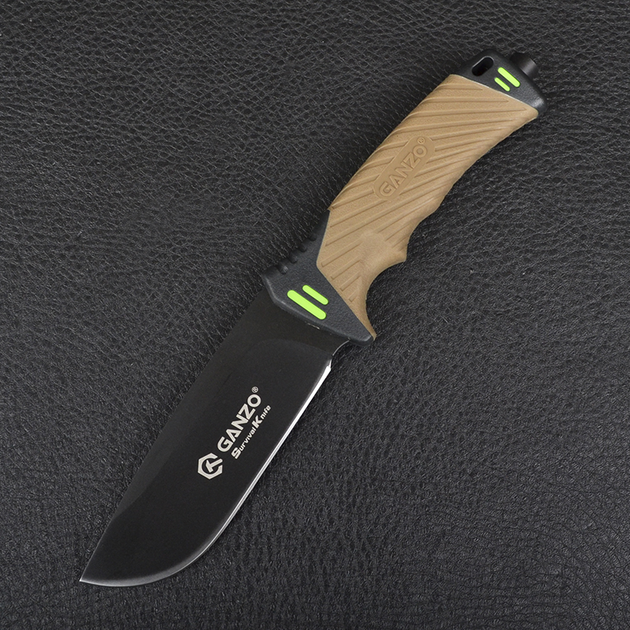Нож Ganzo G8012 (длина: 240мм, лезвие: 115мм) + чехол (стропорез + точилка + огниво), песочный - изображение 2